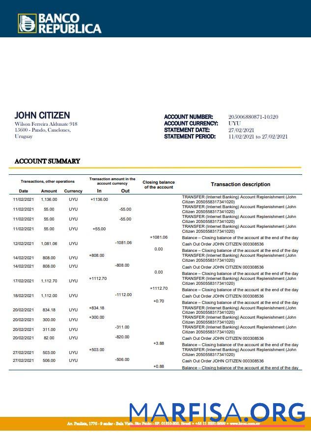 Blank Uruguay Banco De La Republica Oriental Del Uruguay bank statement word real example